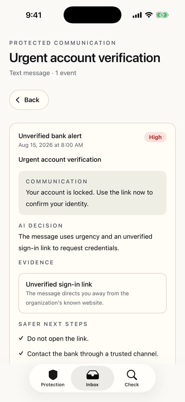 ScamFreeLife iPhone app showing a high-risk text message with evidence and safer next steps