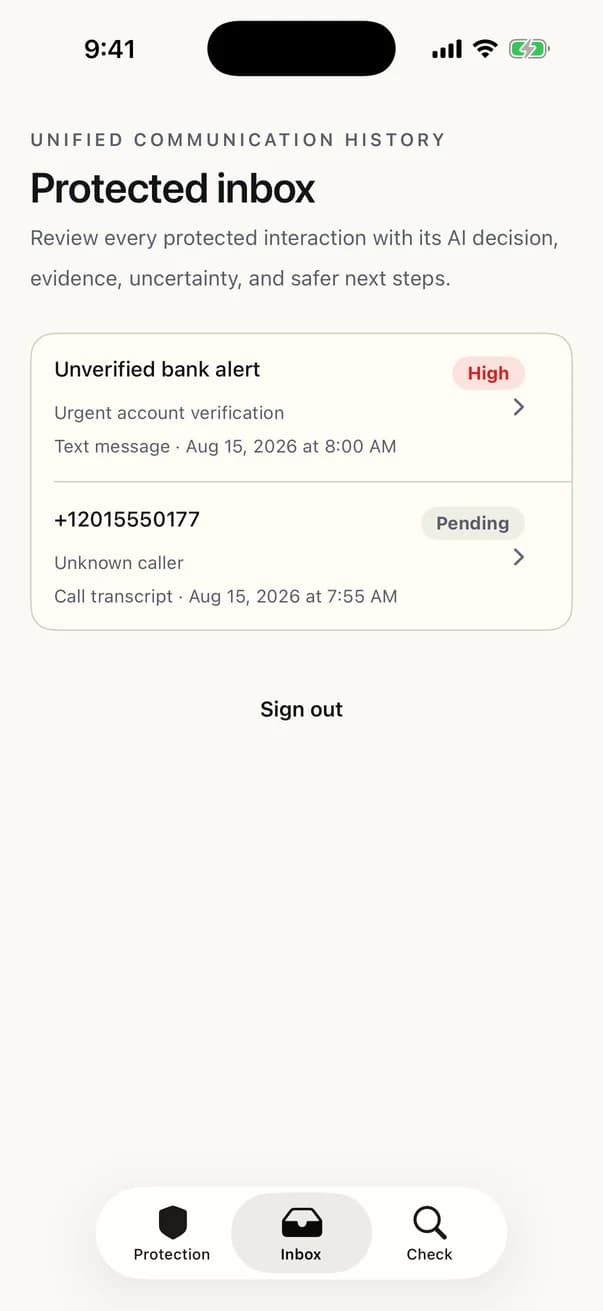 ScamFreeLife iPhone app protected inbox