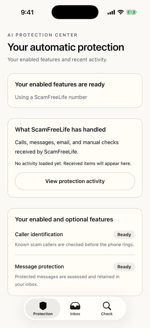 ScamFreeLife iPhone app protection dashboard