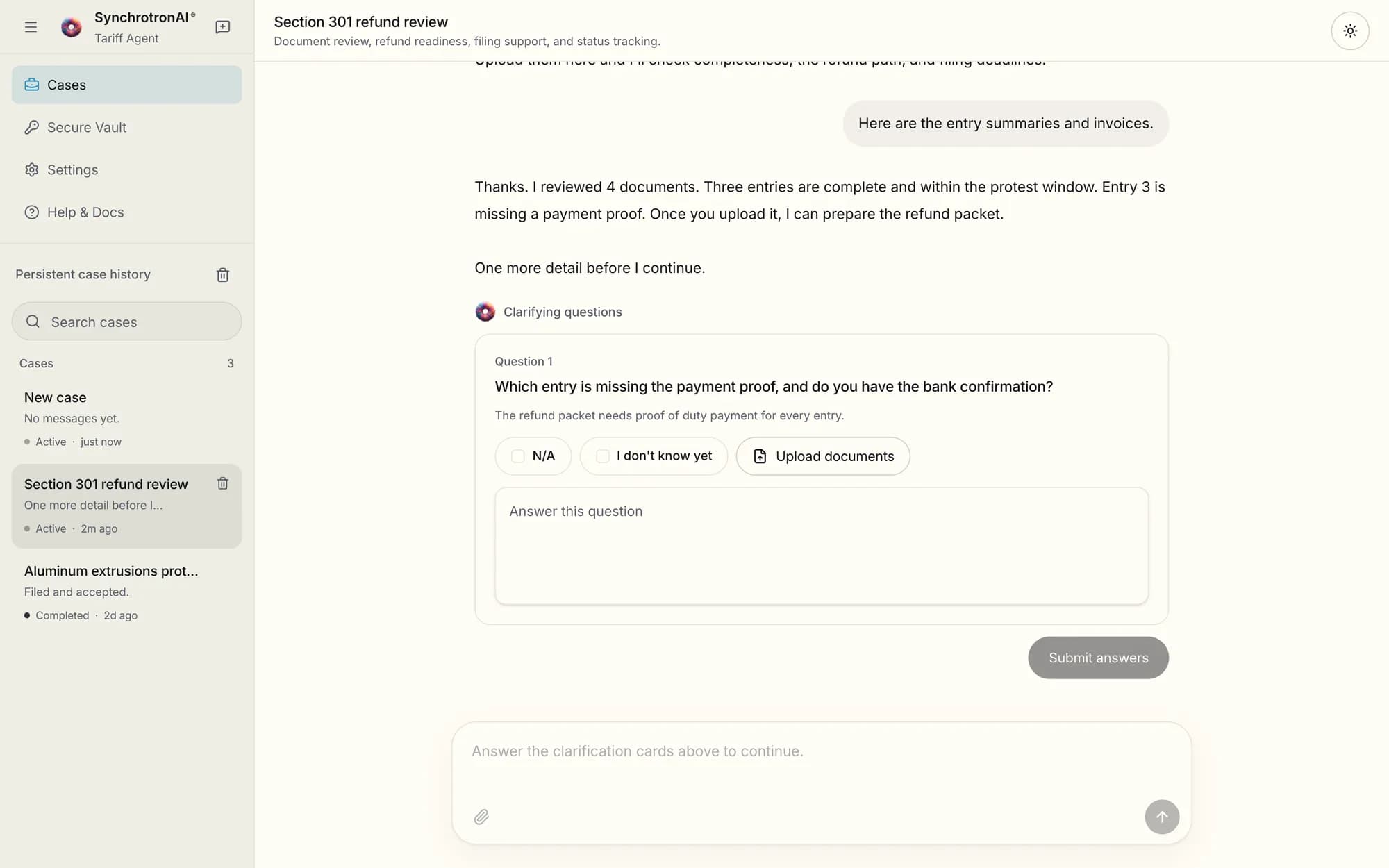 Tariff Agent case workspace asking a clarifying question about a missing payment proof